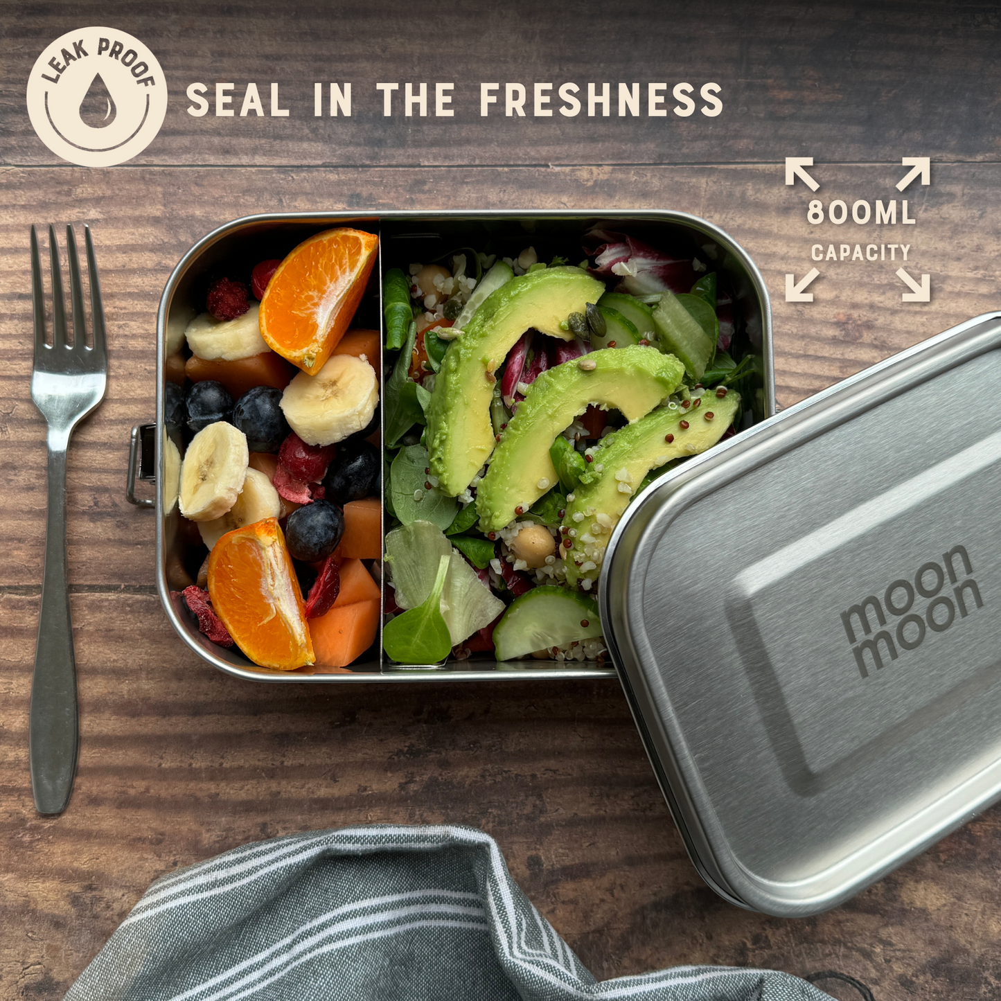 moon moon, stainless steel lunch box, stainless steel bento box, moonmoon lunch box, plastic free food storage, metal bento box, eco friendly tupperware