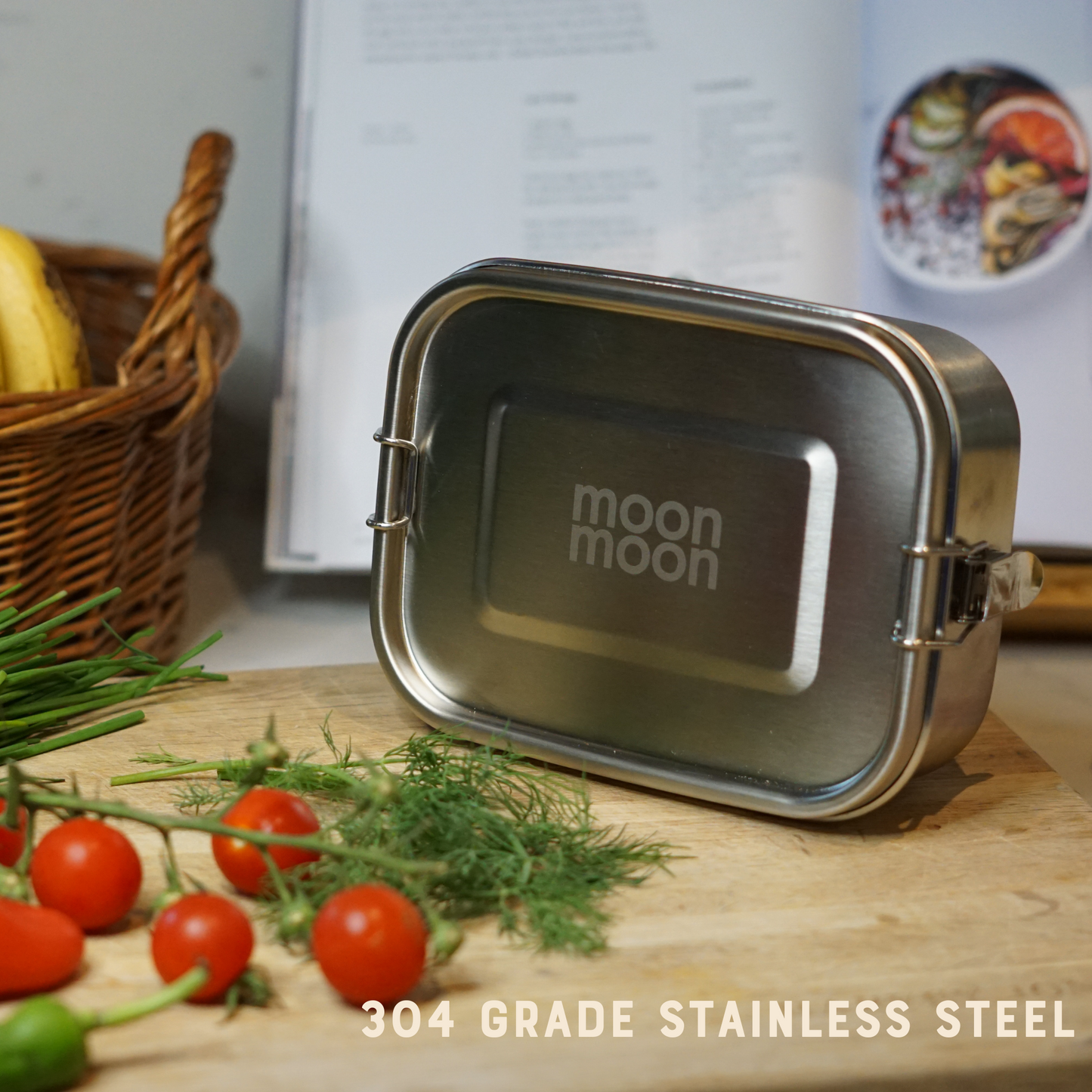 moon moon, stainless steel lunch box, stainless steel bento box, moonmoon lunch box, plastic free food storage, metal bento box, eco friendly tupperware