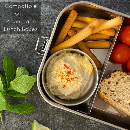 airtight stainless steel food storage containers, Moonmoon reusables, fruit pots for lunch box, hummus pot, dips, meal prep, metal lunch pot, best snack pots for kids