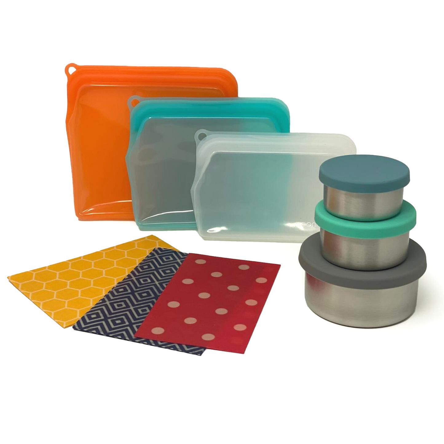Moonmoon Reusable Products Eco Friendly Zero Waste Stainless Steel Food Storage Containers, Organic Beeswax Wraps, Silicone Food Bags. Eco-friendly, plastic free, silicone freezer bags