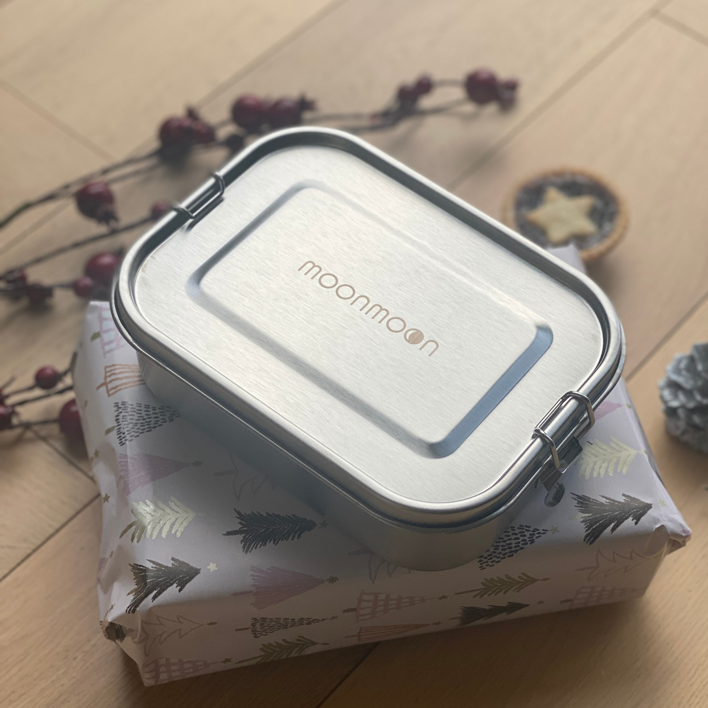 Moonmoon Stainless Steel Lunch Box, Metal Bento Box with Divider for Christmas