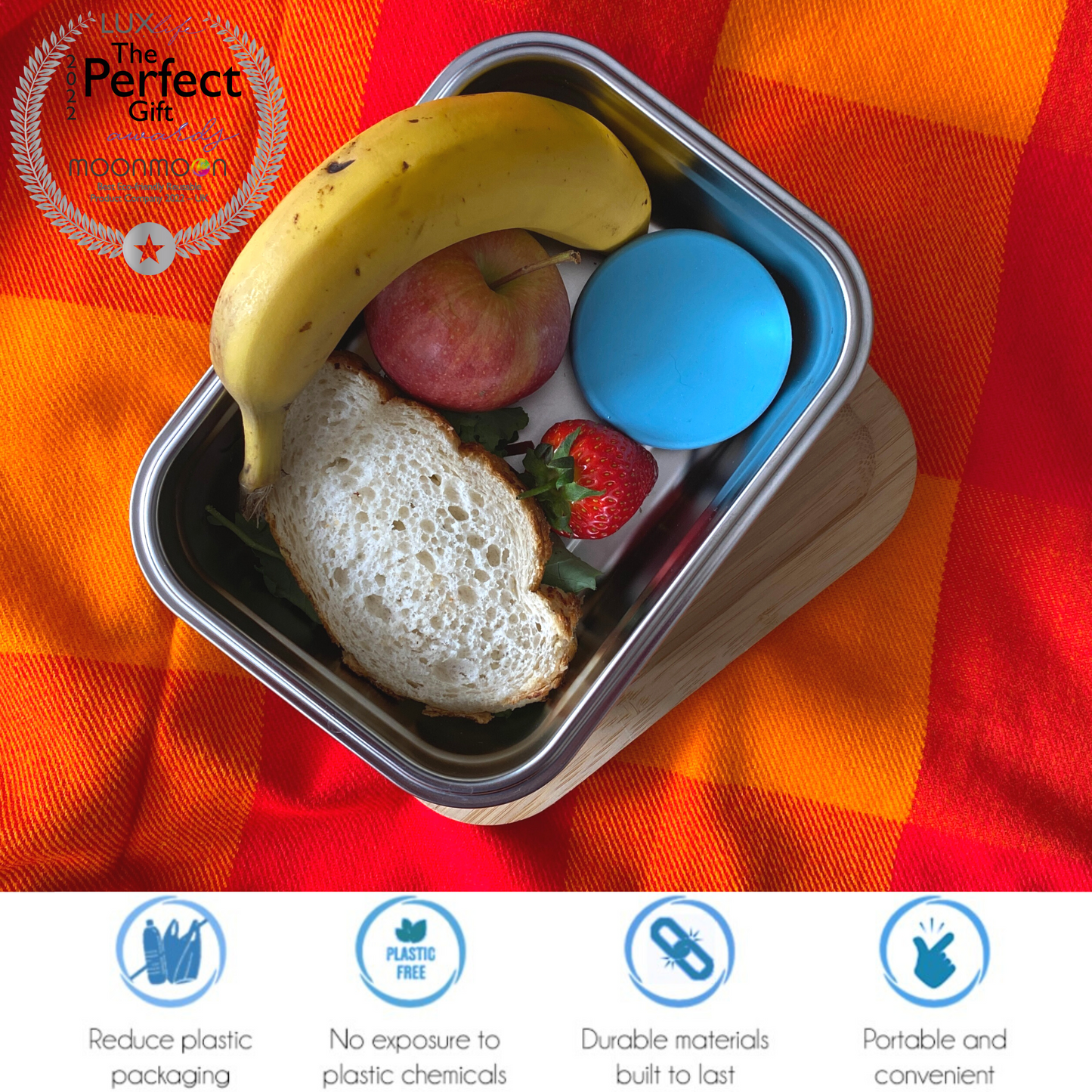 stainless steel lunch box UK, lunch box with lid, Moonmoon, eco-friendly, eco stainless steel lunch box uk, sandwich box, stainless steel and bamboo lunch box, black and blum lunch box