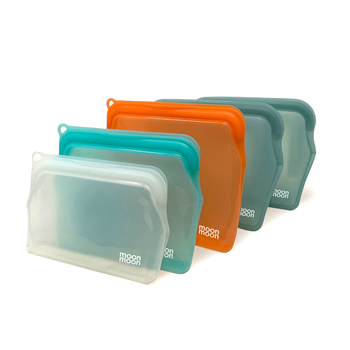 Five-piece silicone food bags starter kit with two blue XL stand-up bags and three slim clear pouches