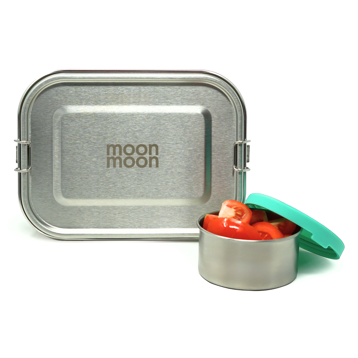 Medium 1.2L stainless steel lunch box open beside a 200ml snack pot filled with tomatoes