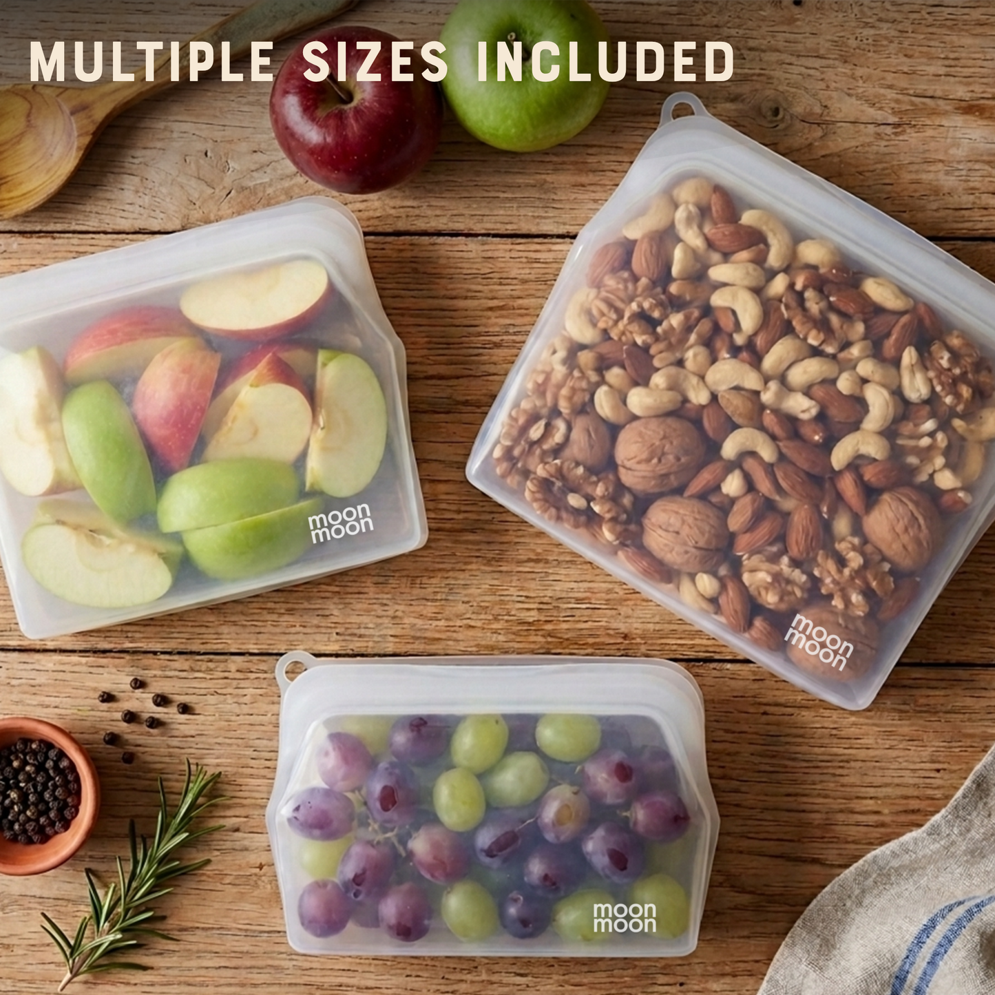 complete plastic free kitchen kit, reusable silicone food storage set, moonmoon zero waste kitchen bundle, silicone stretch lids pack, reusable silicone sandwich case, clear silicone food pouches, xl stand up freezer bags, eco friendly kitchen storage uk, BPA free, PFAS free, made for foodies