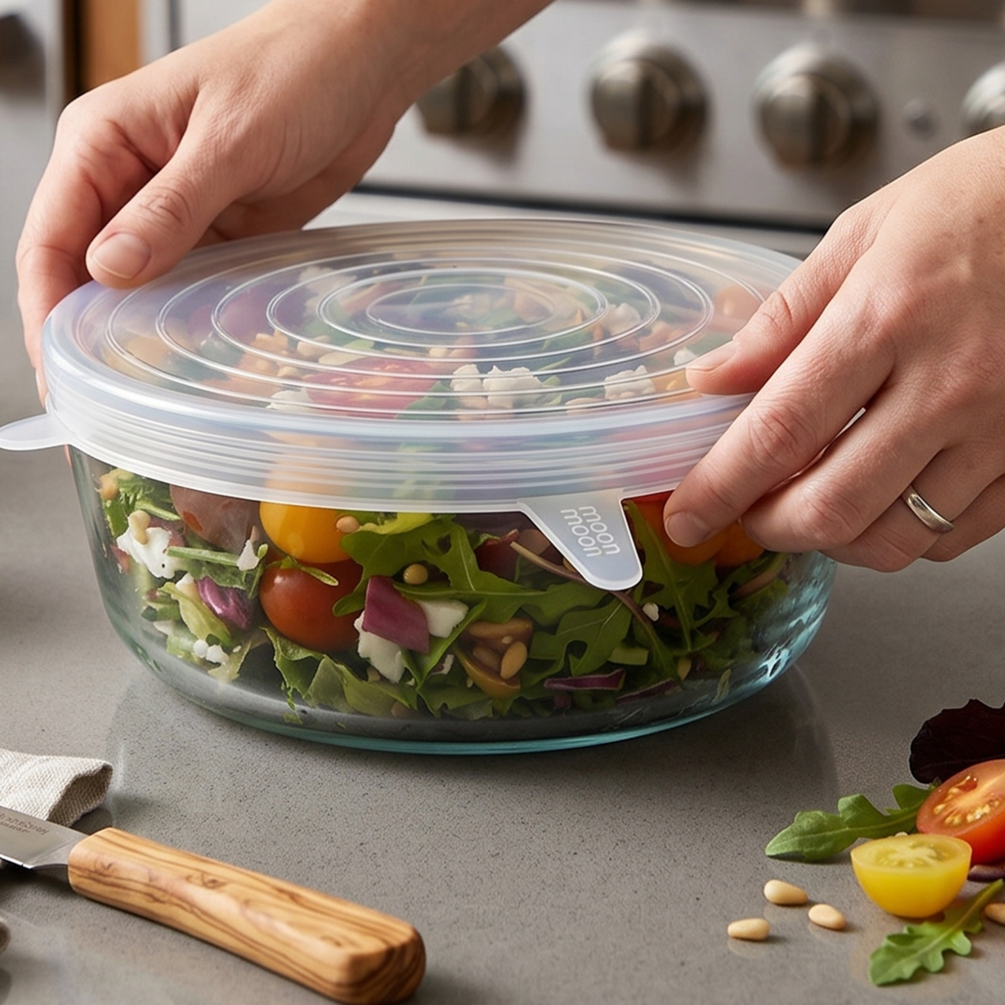 silicone stretch lids clear, alternative to cling film, reusable food bowl covers, airtight jar lids, stretchable food covers bpa free, sustainable fresh food savers, clear bowl toppers, moonmoon kitchen, plastic free wrap replacement uk