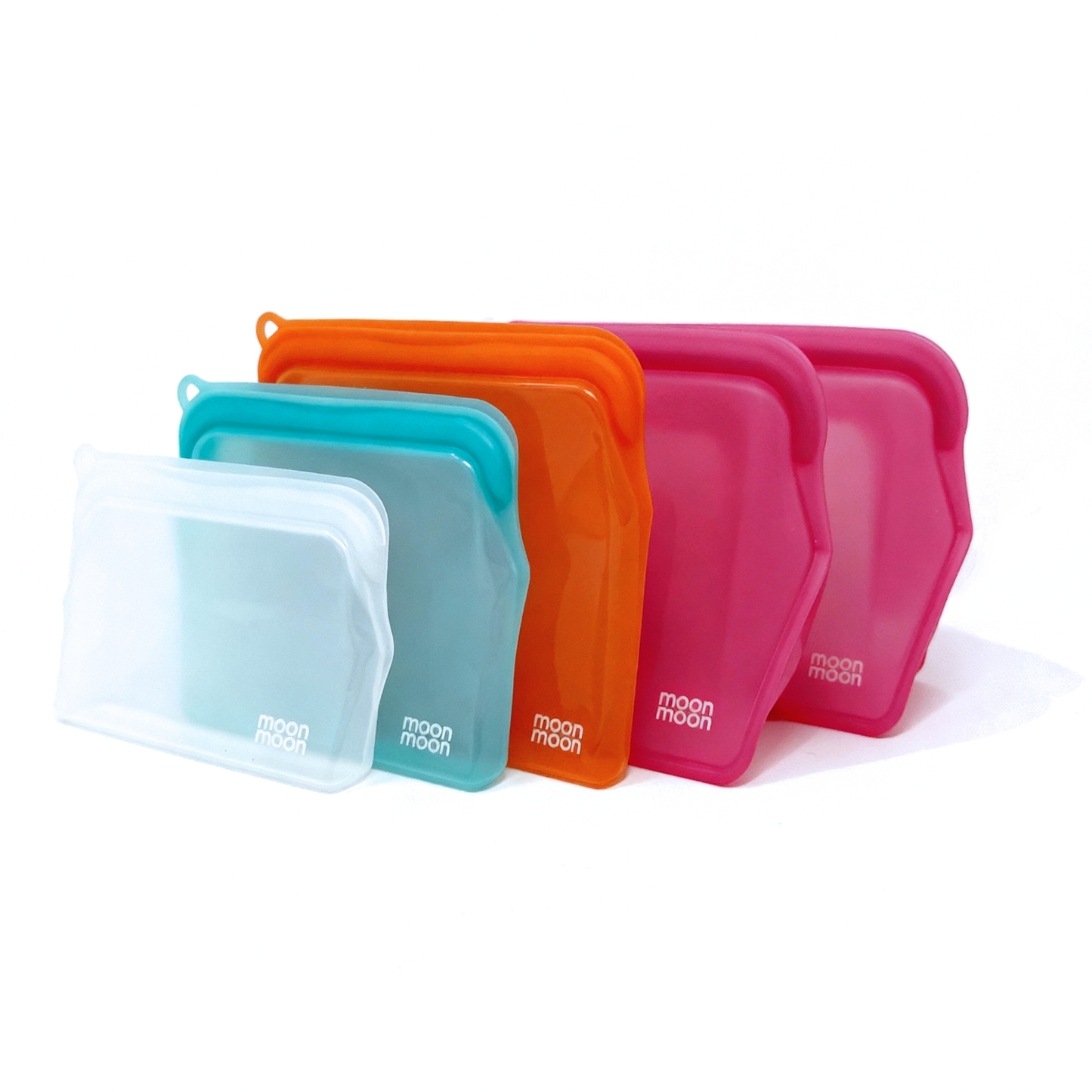 Five-piece silicone food bags starter kit with two pink XL stand-up bags and three slim clear pouches