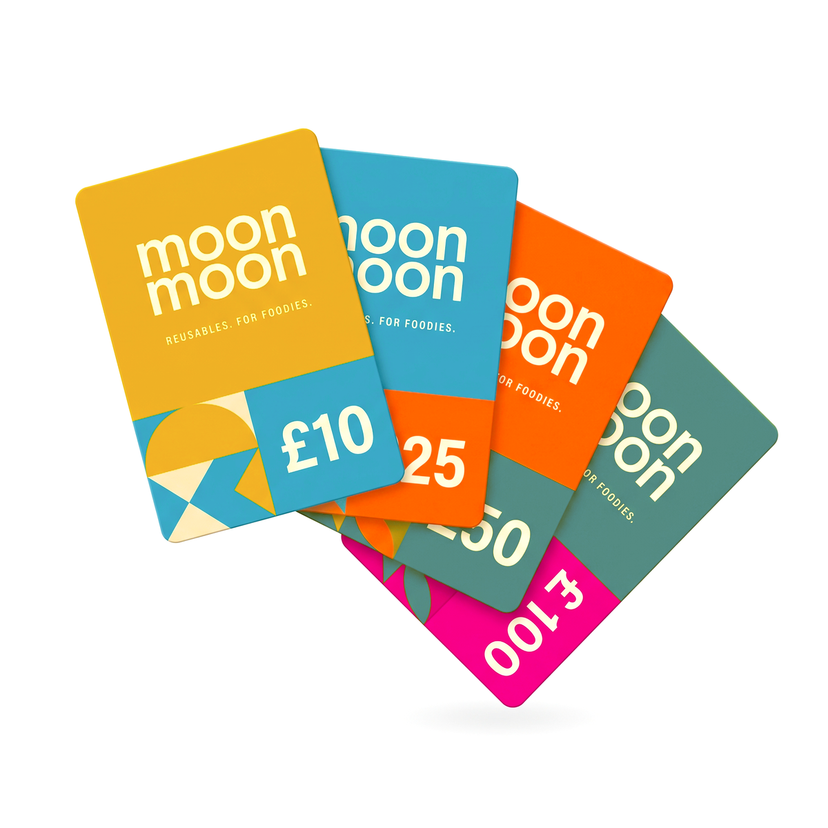 Four overlapping Moon Moon gift cards in different denominations (£10, £25, £50, and £100)