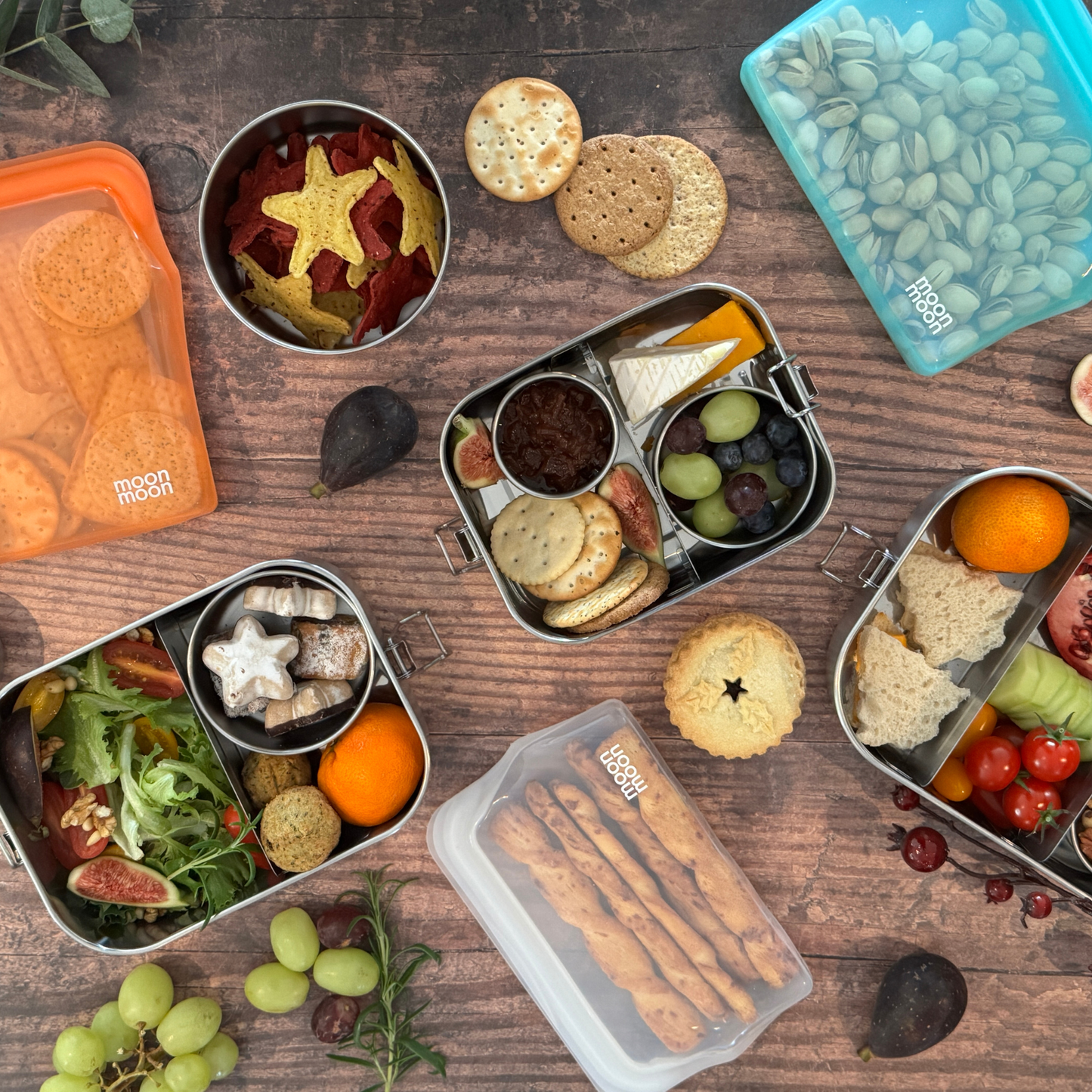 stainless steel lunch box, reusable silicone bags, moon moon food storage containers, eco-friendly kitchen reusables, bento box, silicon freezer bags