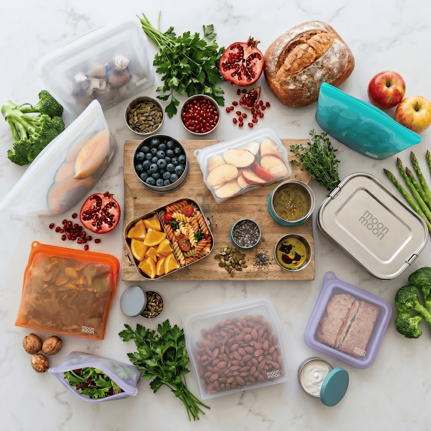 Eco friendly food storage, sustainable food containers, Green kitchen, moonmoon, moon moon, stainless steel lunch box, silicone food bags, plastic-free tupperware, stainless steel lunch boxes, free from plastic food storage