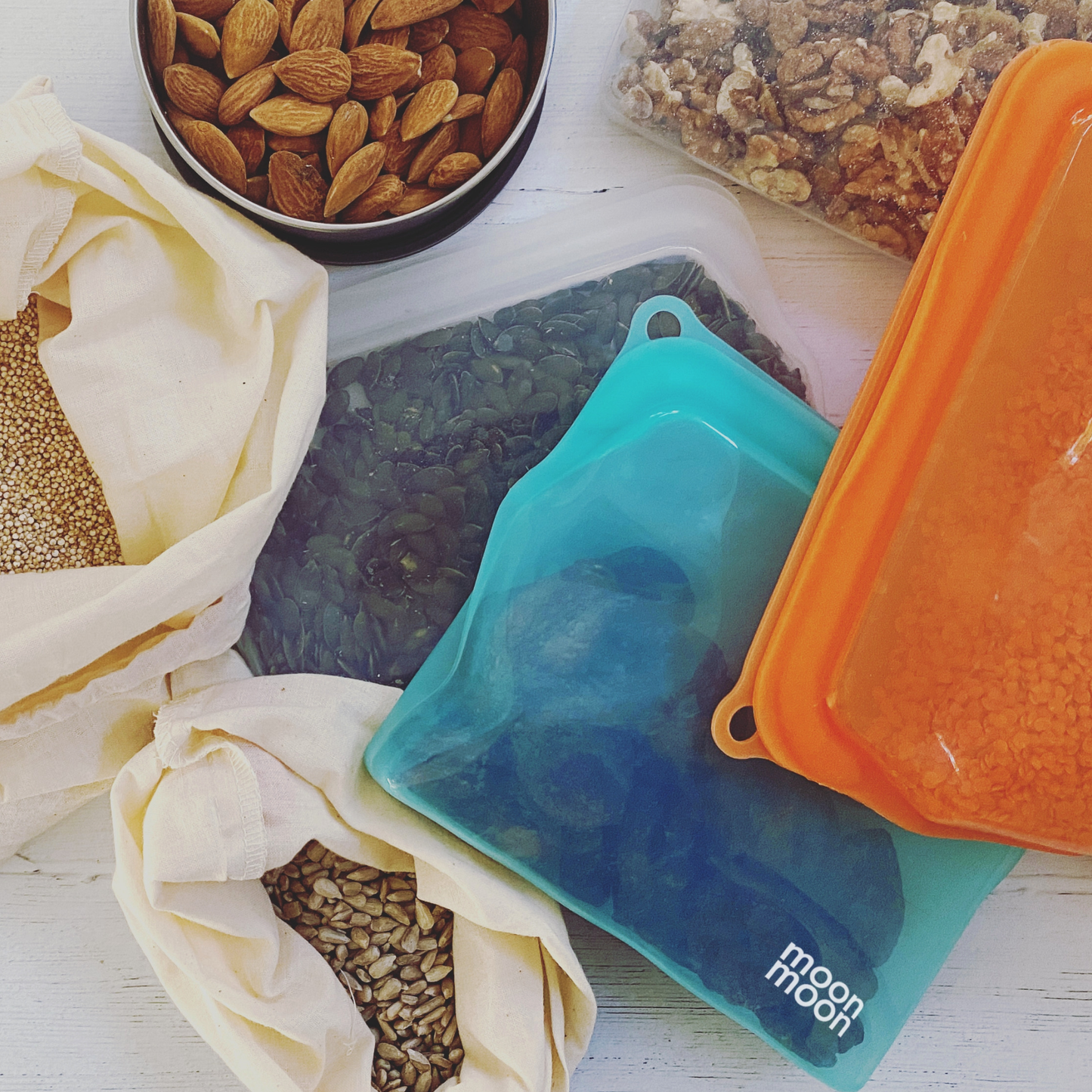 moonmoon lunch box, moon moon bags, stainless steel snack pots, stainless steel bento box uk, silicone freezer bags uk, plastic free freezer bags, silicone food storage, reusable food bags, plastic free food storage, non plastic freezer containers uk