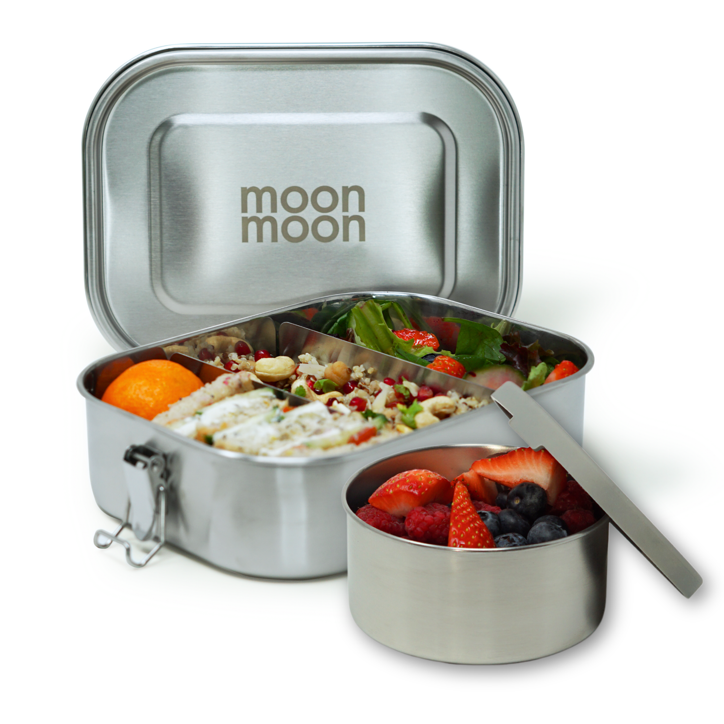 moonmoon stainless steel lunch box, bento box, meal prep container, metal lunch container, moon moon, moomoon, food containers. 
