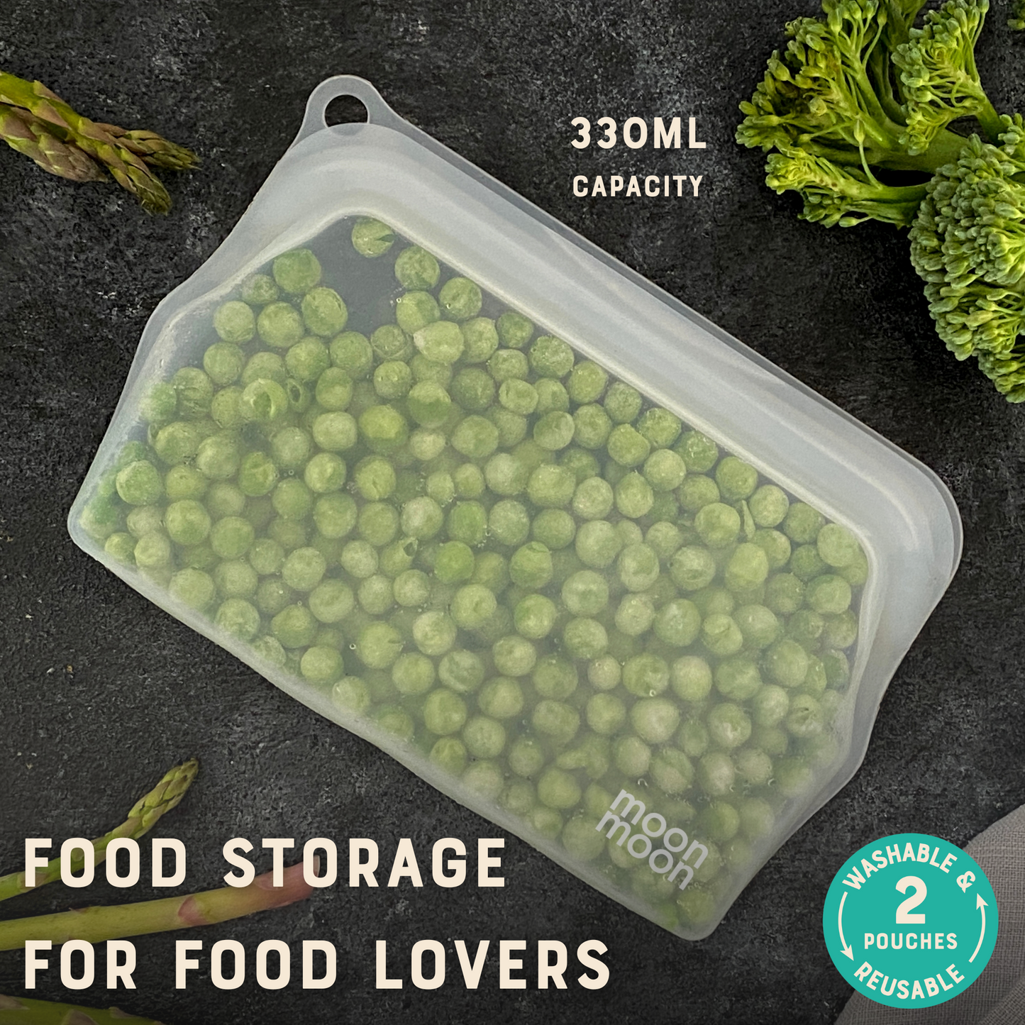 moonmoon silicone bag, reusable food bag, reusable freezer bag, silicone food bags, plastic-free food storage, stasher bags