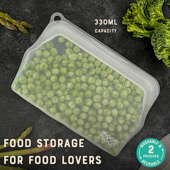 moonmoon silicone bag, reusable food bag, reusable freezer bag, silicone food bags, plastic-free food storage, stasher bags