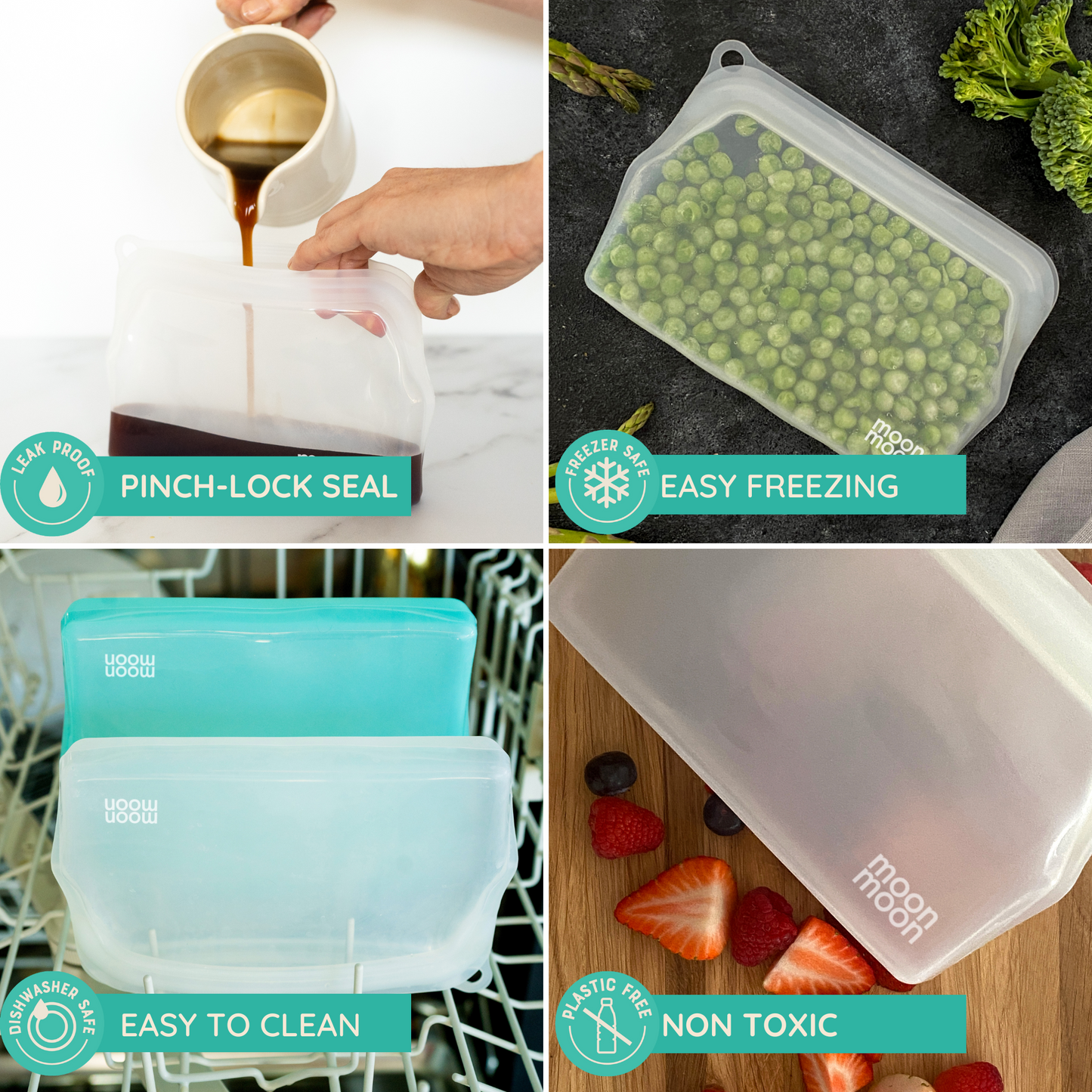 moonmoon silicone bag, reusable food bag, reusable freezer bag, silicone food bags, plastic-free food storage, stasher bags