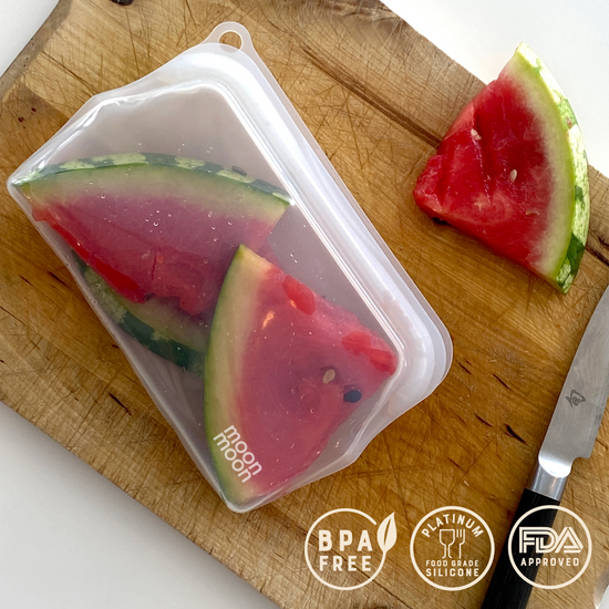 moonmoon silicone bag, reusable food bag, reusable freezer bag, silicone food bags, plastic-free food storage, stasher bags