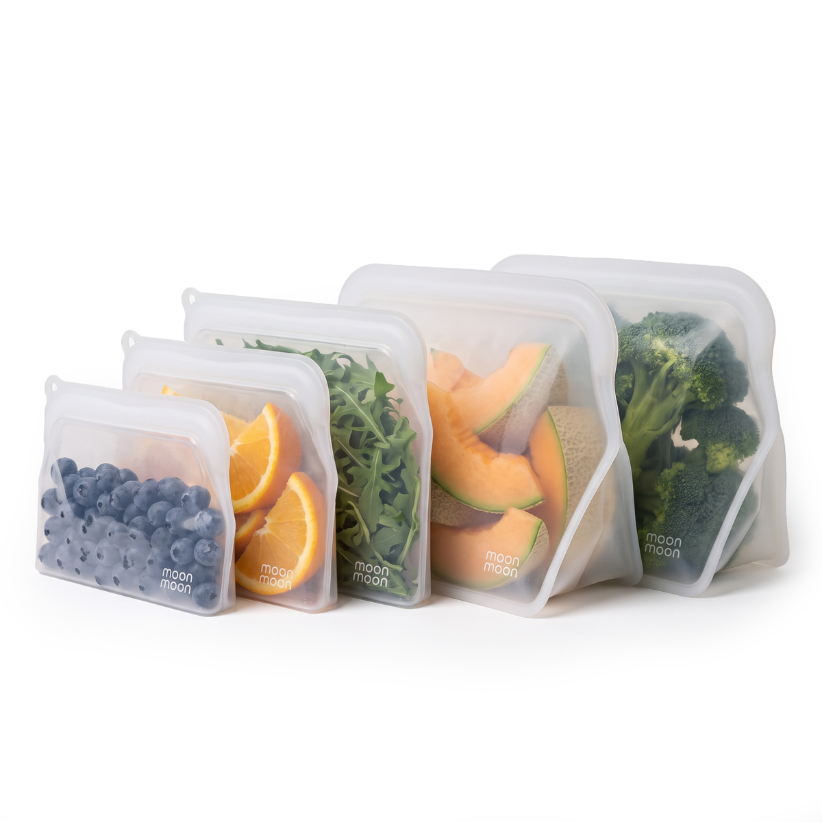 Moonmoon leakproof silicone food storage bags, plastic free - ideal for meal prep, freezer stroage, batch cooking and storing leftovers.