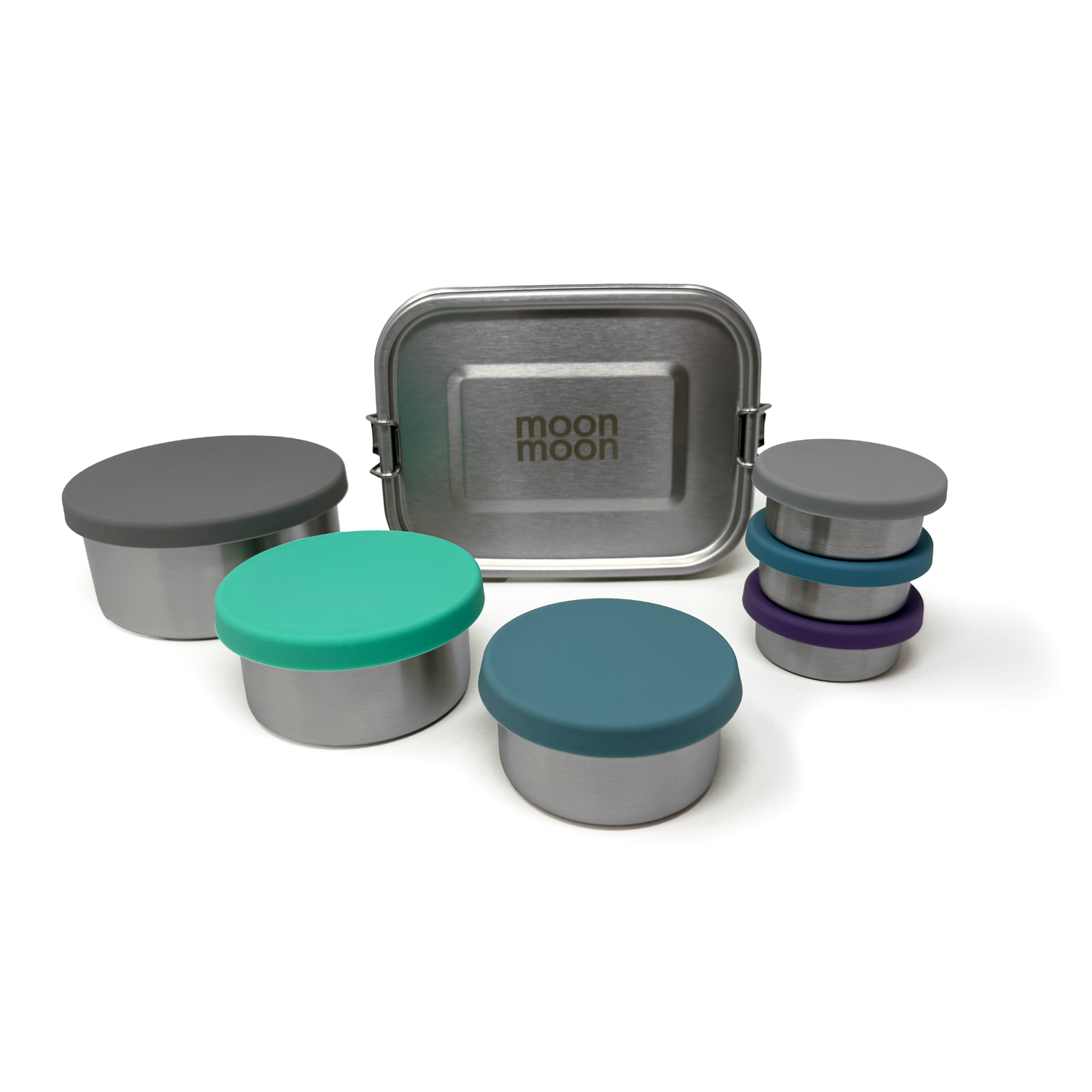 Small stainless steel lunch box, compact lunch container, stainless steel snack pots, sauce and dressing pots, leakproof lunch kit, removable divider lunch box, hard-wearing lunch container, dishwasher safe food storage, eco-friendly lunchware, zero-waste lunch solution, moon moon 