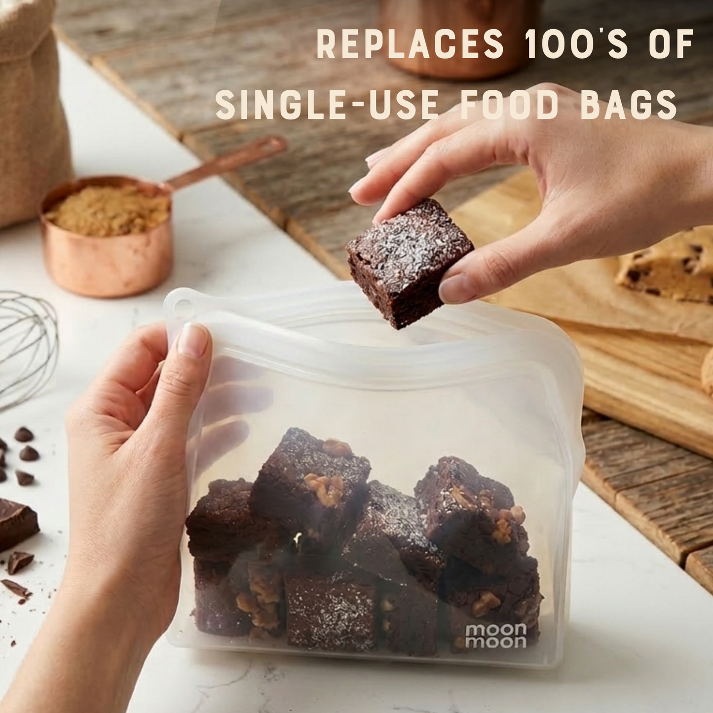 complete plastic free kitchen kit, reusable silicone food storage set, moonmoon zero waste kitchen bundle, silicone stretch lids pack, reusable silicone sandwich case, clear silicone food pouches, xl stand up freezer bags, eco friendly kitchen storage uk, BPA free, PFAS free, made for foodies