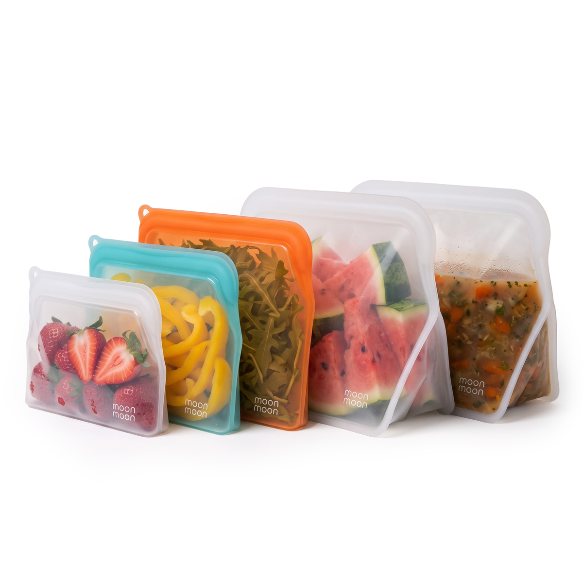 A set of five moonmoon reusable silicone meal bags in different colours (clear, teal, orange, white) shown filled with food items like strawberries, bell peppers, seaweed, watermelon, and rice on a white background.