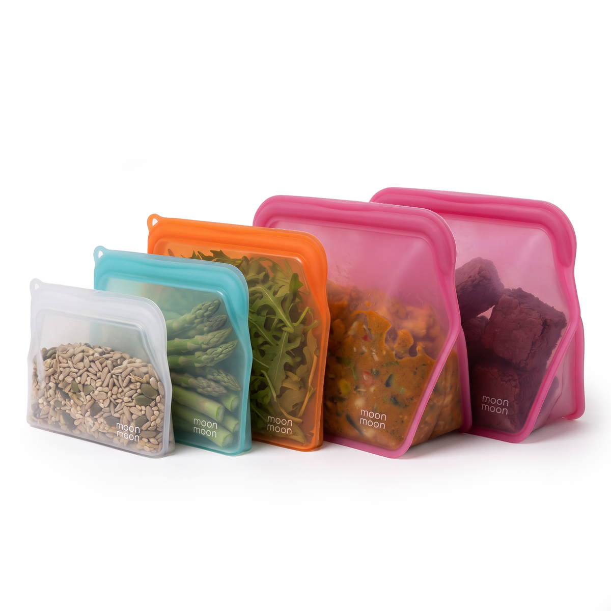 Five moonmoon reusable silicone food storage bags in translucent pink, orange, teal, and clear, shown filled with food and arranged by size on a white background.