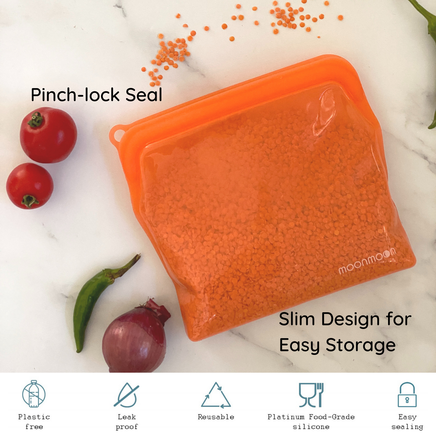 Moonmoon large orange silicone bags, reusable, Plastic-free, best reusable freezer bags uk, silicone fridge bags, silicone snack pouch, silicone food grade reusable storage bag, zip top silicone bags uk, zip top bag silicone, frozen bags for food